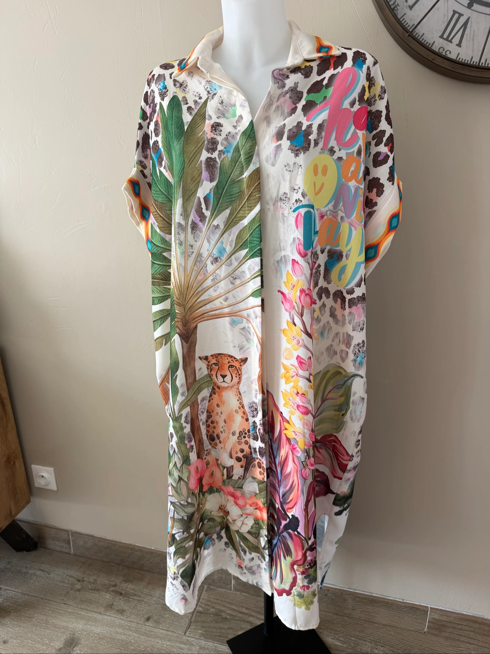 Robe chemise oversize Made in Italy lin & coton jungle léopard tendance – Taille 40 à 48